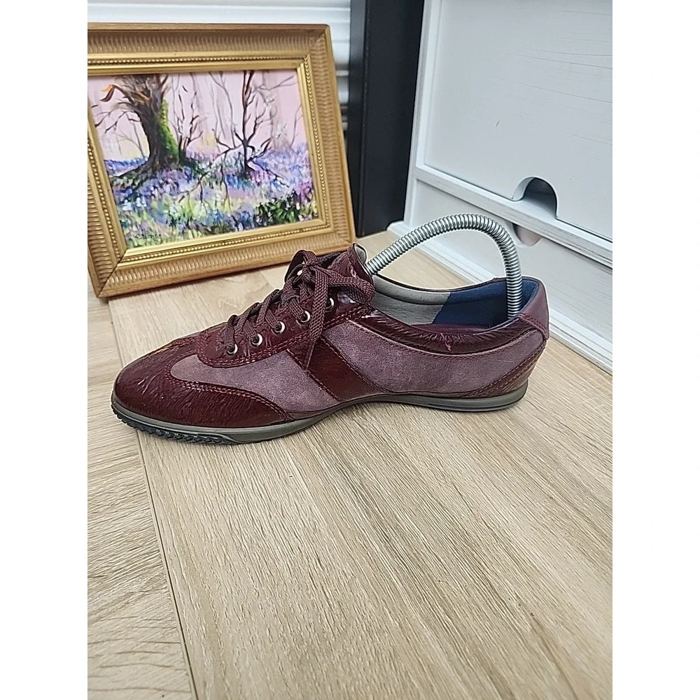 Ecco Women Suede Patent Leather Lace Up Sneakers Sz 41 US 10.5 Burgundy Comfort‎